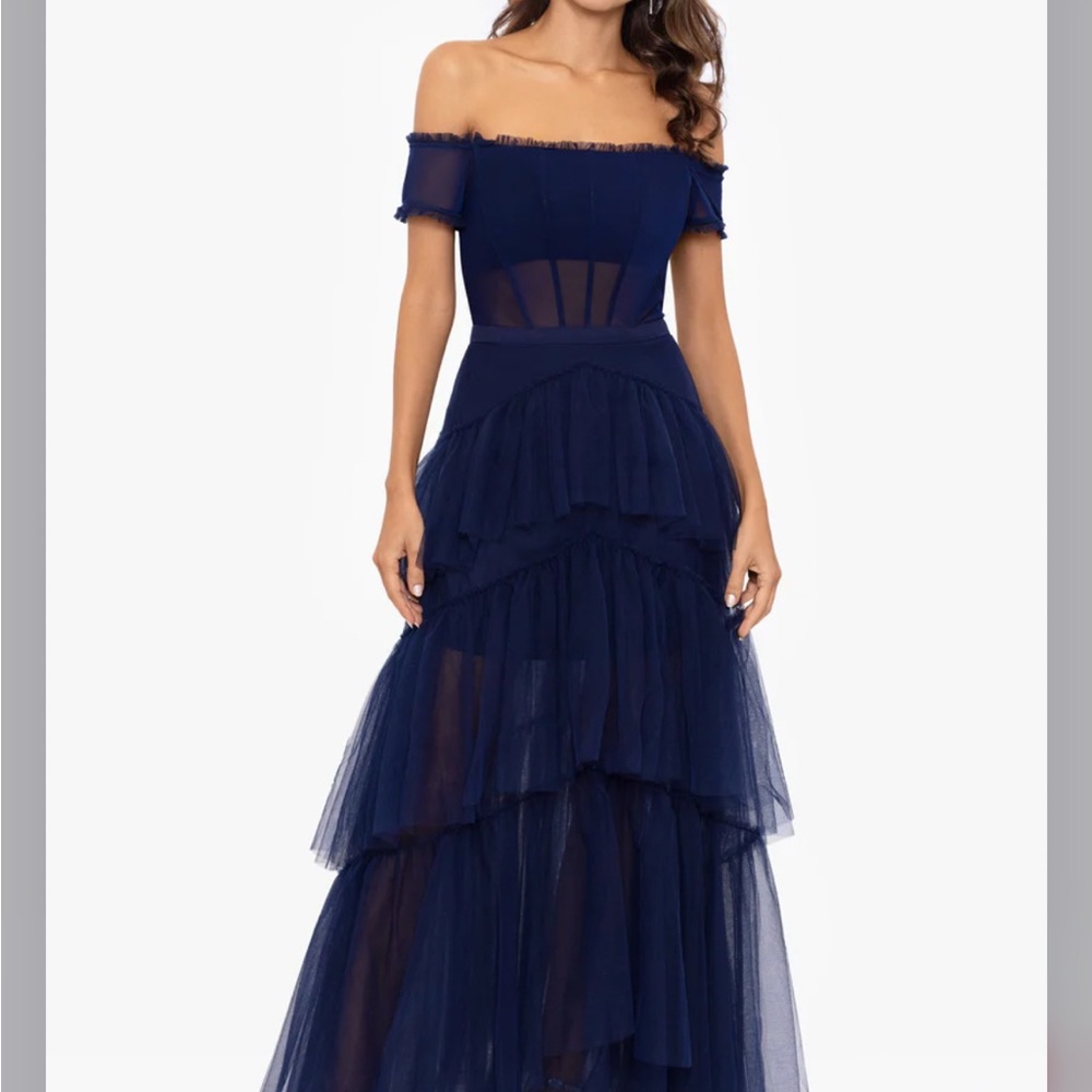 Betsy & Adam Blue Off-the-Shoulder Tiered Gown